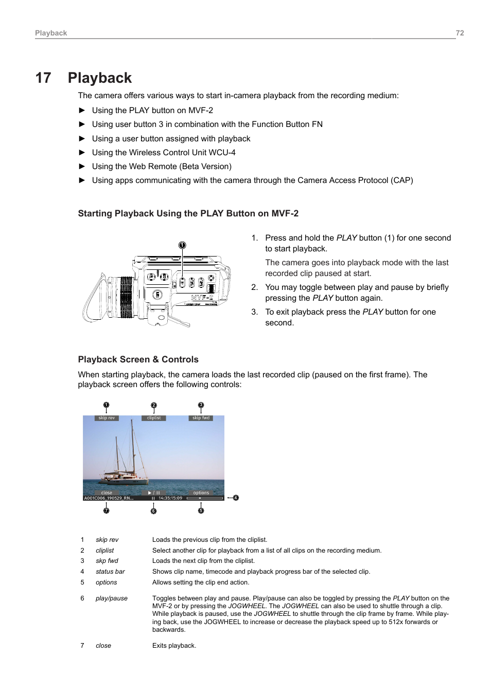 17 playback, Playback, Starting playback using the play button on mvf-2 | Playback screen & controls | ARRI ALEXA Mini LF Ready to Shoot V-Mount Set (LPL) User Manual | Page 72 / 136