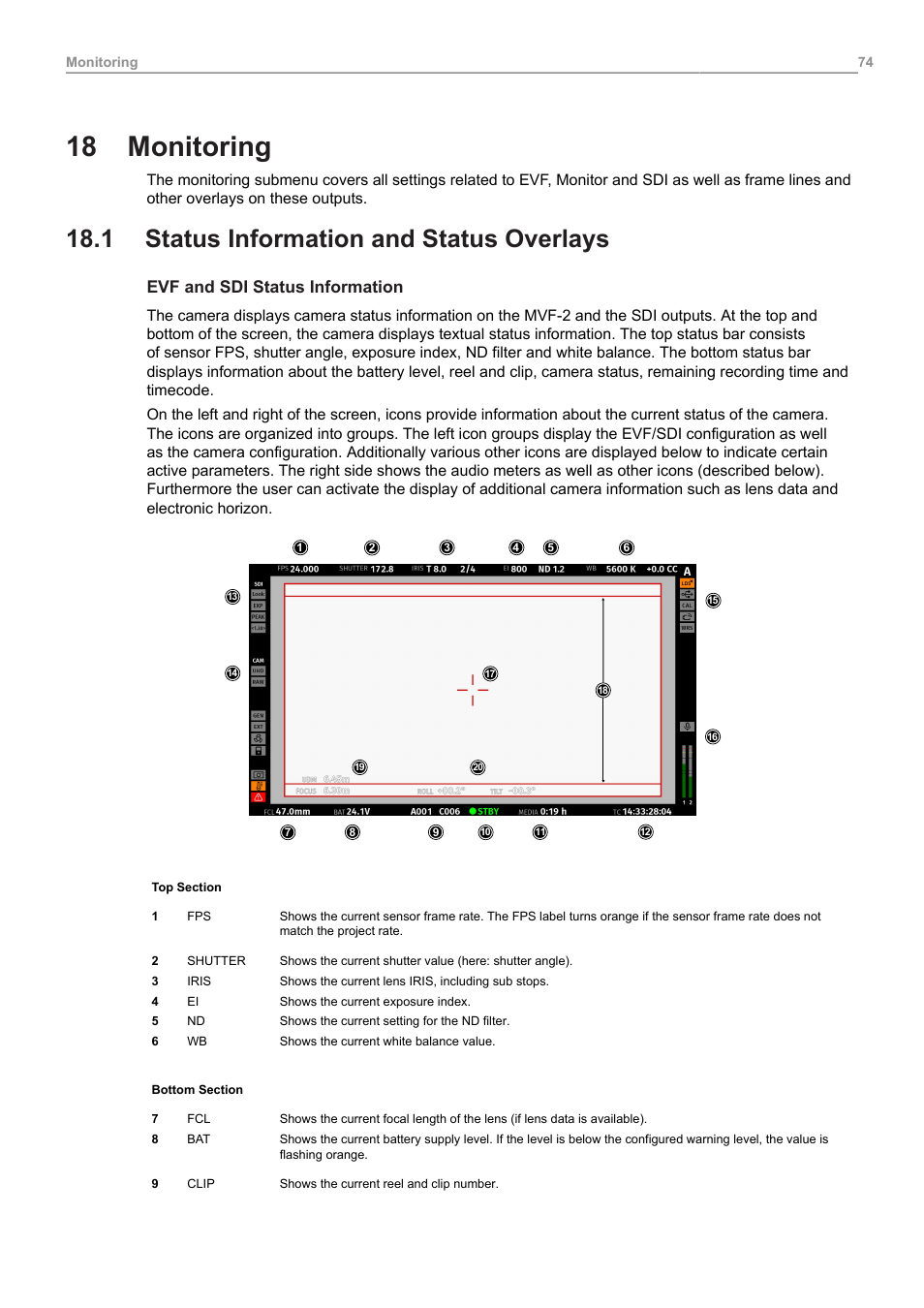 18 monitoring, 1 status information and status overlays, Monitoring | Status information and status overlays, Evf and sdi status information | ARRI ALEXA Mini LF Ready to Shoot V-Mount Set (LPL) User Manual | Page 74 / 136