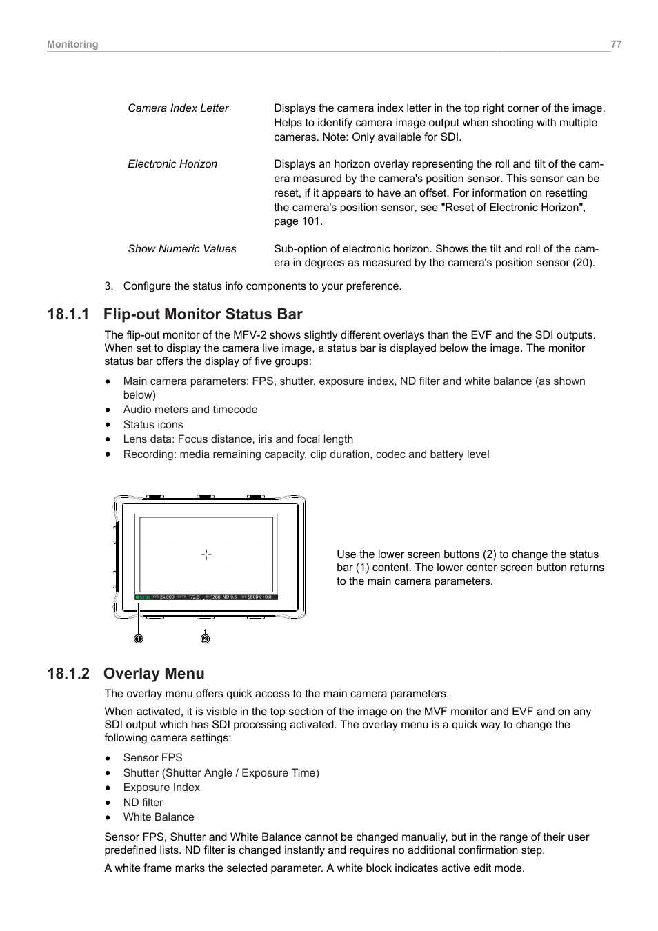 1 flip-out monitor status bar, 2 overlay menu, Flip-out monitor status bar | Overlay menu | ARRI ALEXA Mini LF Ready to Shoot V-Mount Set (LPL) User Manual | Page 77 / 136