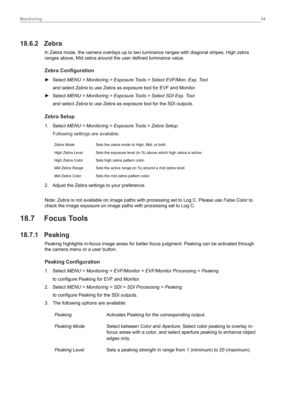 2 zebra, 7 focus tools, 1 peaking | Zebra, Focus tools, Peaking | ARRI ALEXA Mini LF Ready to Shoot V-Mount Set (LPL) User Manual | Page 84 / 136