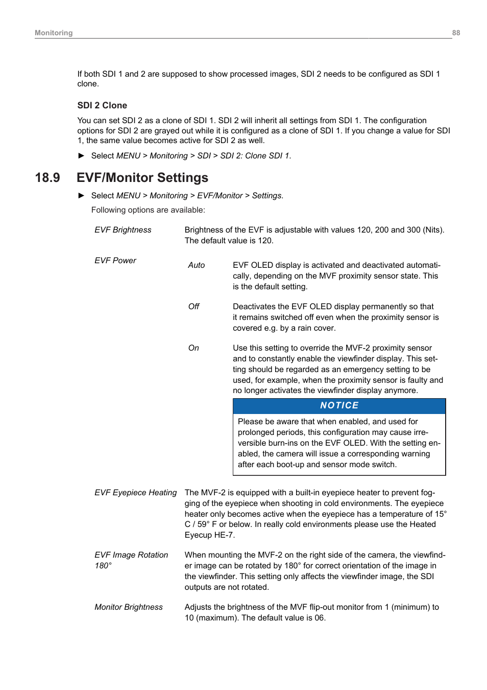 9 evf/monitor settings, Evf/monitor settings | ARRI ALEXA Mini LF Ready to Shoot V-Mount Set (LPL) User Manual | Page 88 / 136