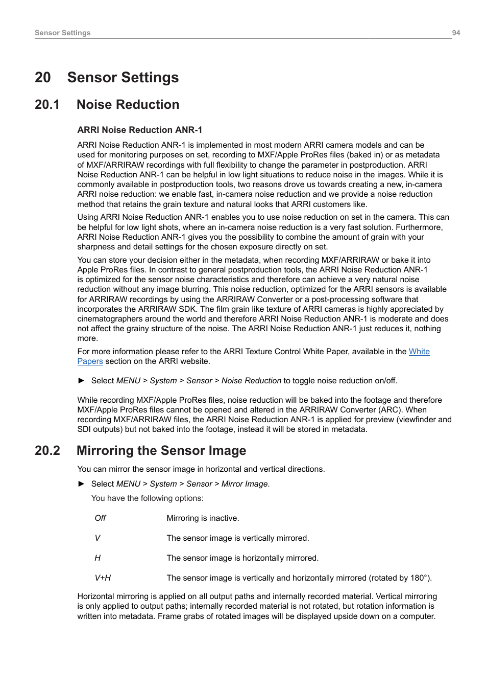 20 sensor settings, 1 noise reduction, 2 mirroring the sensor image | Sensor settings, Noise reduction, Mirroring the sensor image | ARRI ALEXA Mini LF Ready to Shoot V-Mount Set (LPL) User Manual | Page 94 / 136