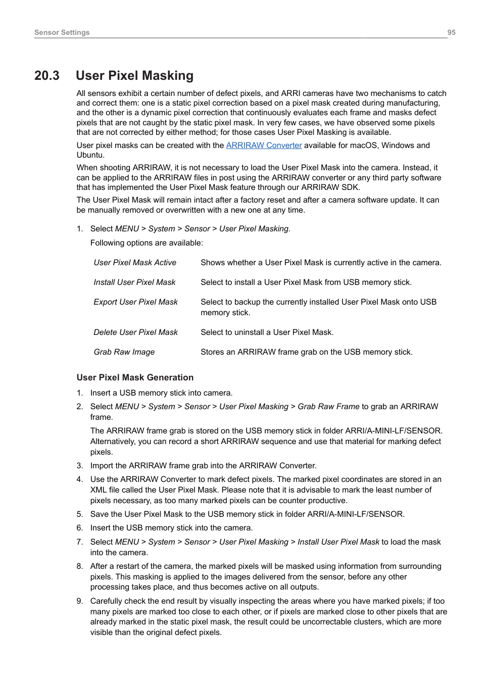 3 user pixel masking, User pixel masking | ARRI ALEXA Mini LF Ready to Shoot V-Mount Set (LPL) User Manual | Page 95 / 136