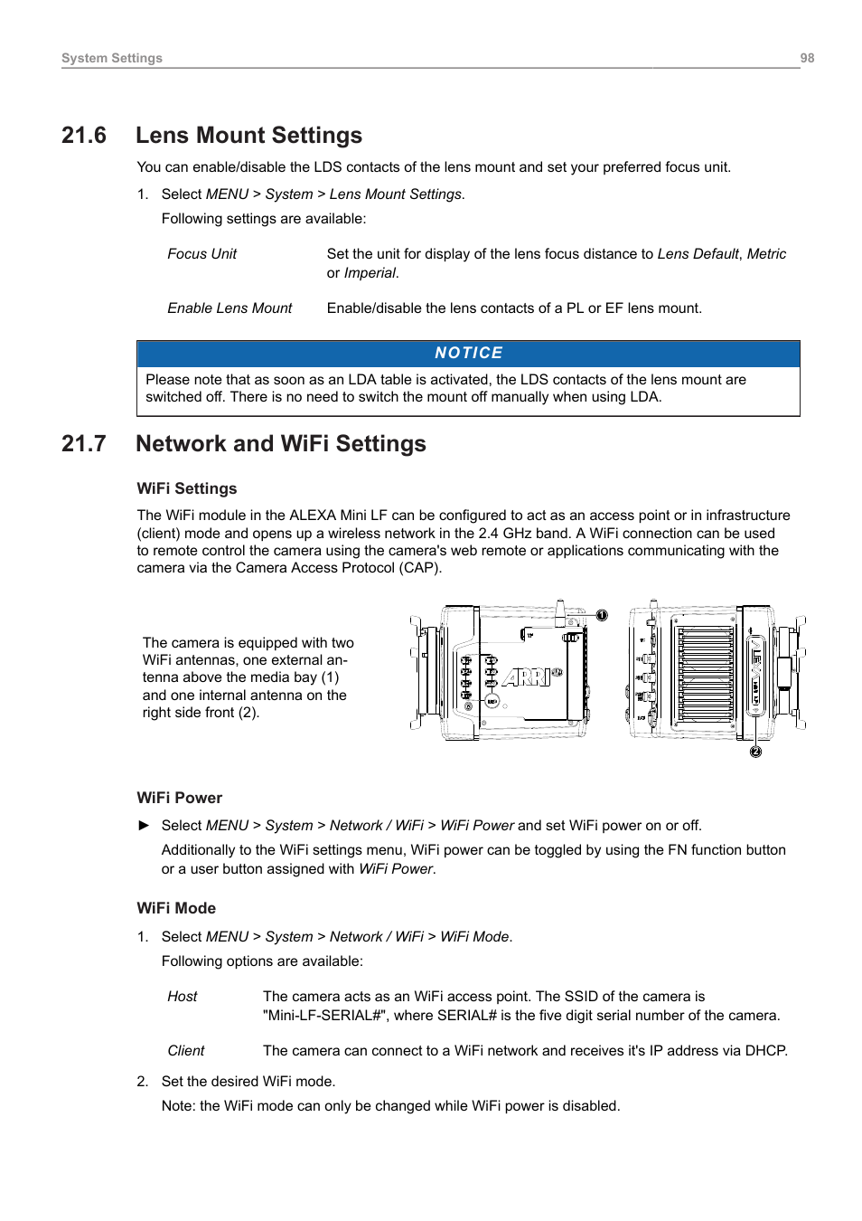 6 lens mount settings, 7 network and wifi settings, Lens mount settings | Network and wifi settings | ARRI ALEXA Mini LF Ready to Shoot V-Mount Set (LPL) User Manual | Page 98 / 136