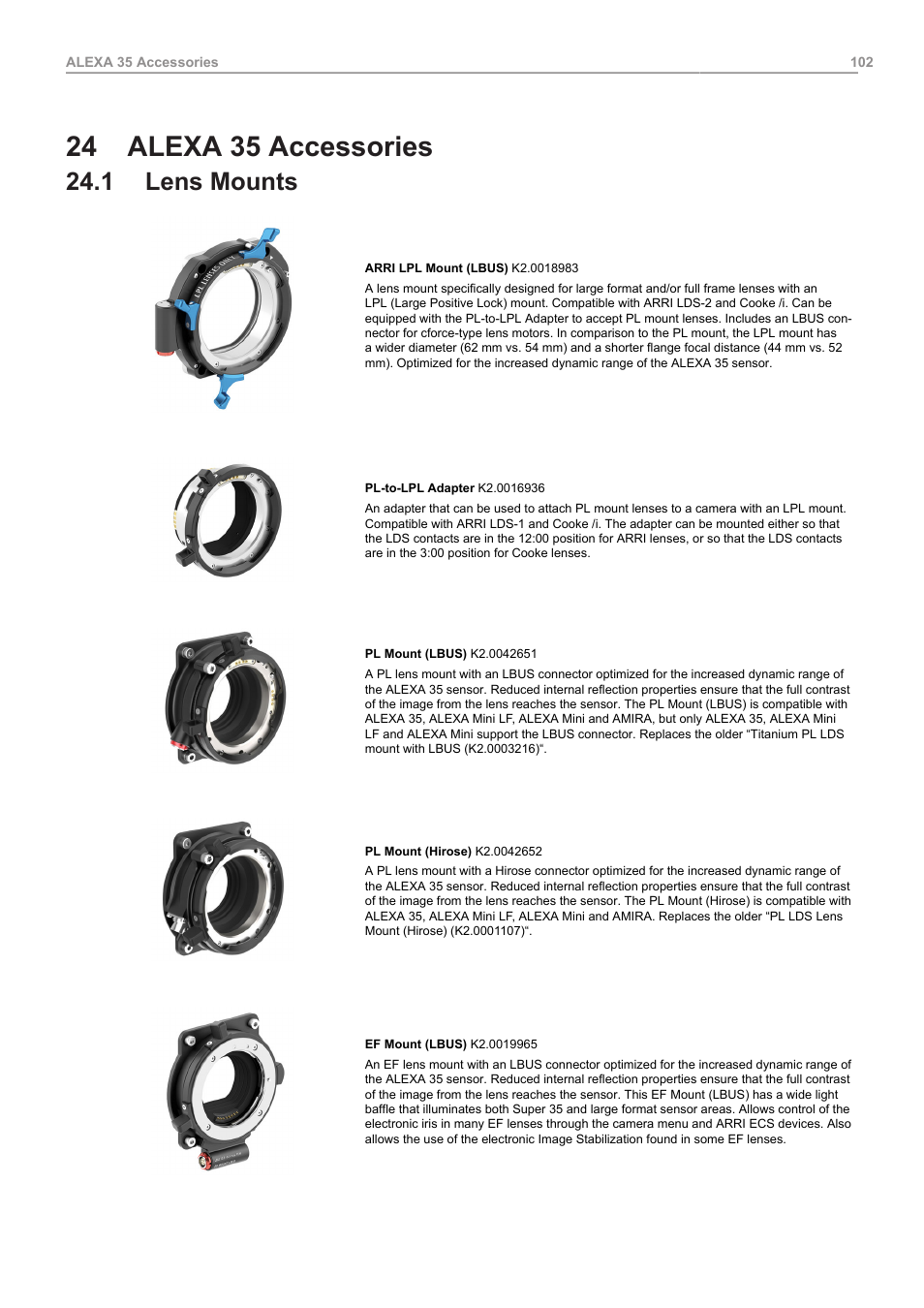 24 alexa 35 accessories, 1 lens mounts, Alexa 35 accessories | Lens mounts | ARRI ALEXA 35 Body & PL Mount Set (LBUS) User Manual | Page 102 / 122