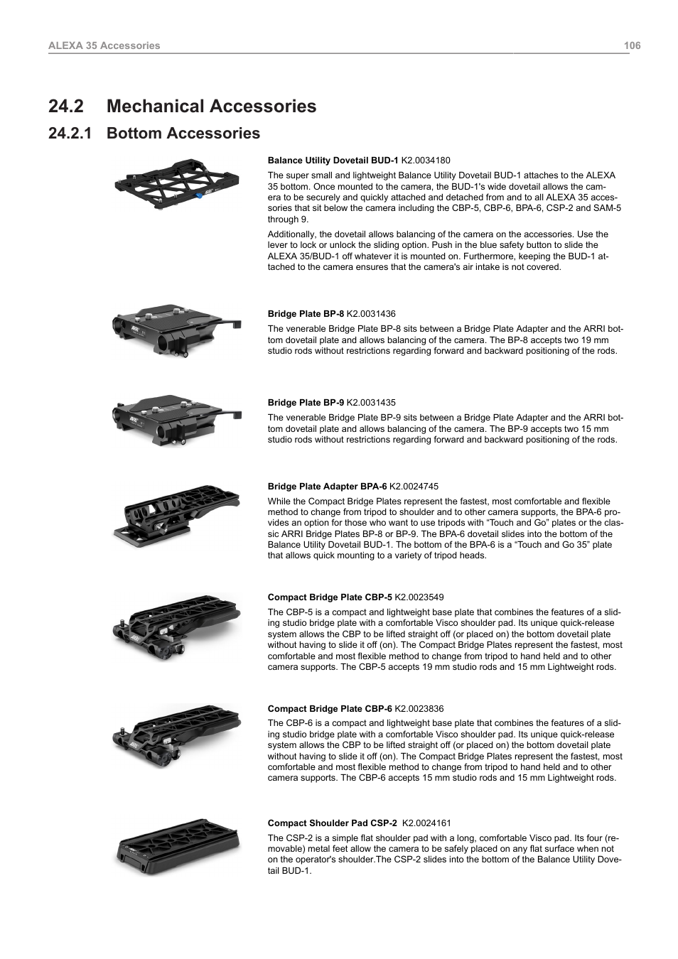 2 mechanical accessories, 1 bottom accessories, Mechanical accessories | Bottom accessories | ARRI ALEXA 35 Body & PL Mount Set (LBUS) User Manual | Page 106 / 122