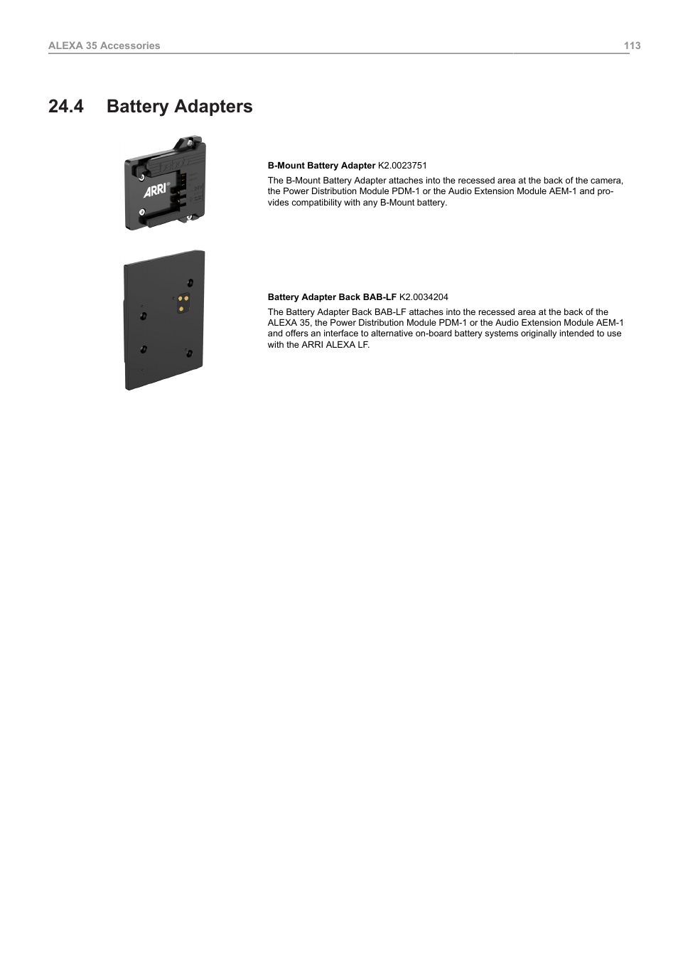 4 battery adapters, Battery adapters | ARRI ALEXA 35 Body & PL Mount Set (LBUS) User Manual | Page 113 / 122