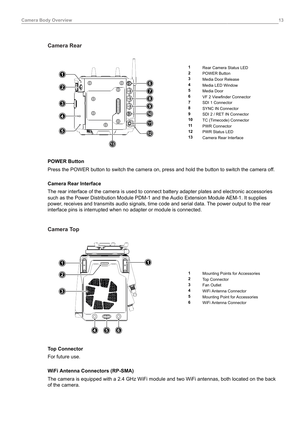 Camera rear, Camera top | ARRI ALEXA 35 Body & PL Mount Set (LBUS) User Manual | Page 13 / 122