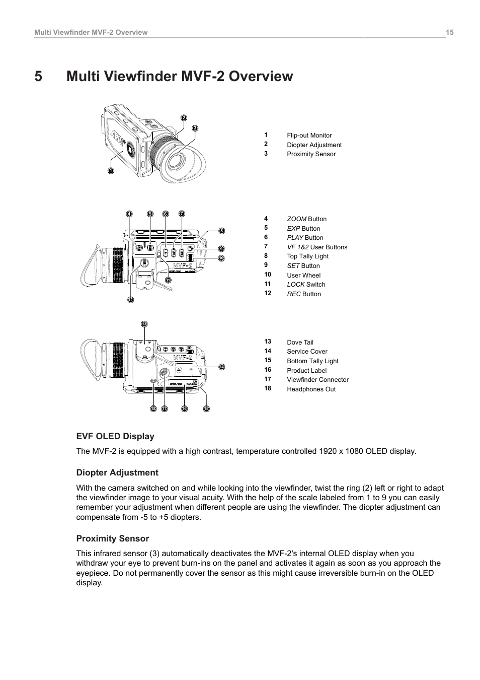 5 multi viewfinder mvf-2 overview, Multi viewfinder mvf-2 overview, 5multi viewfinder mvf-2 overview | Evf oled display, Diopter adjustment, Proximity sensor | ARRI ALEXA 35 Body & PL Mount Set (LBUS) User Manual | Page 15 / 122