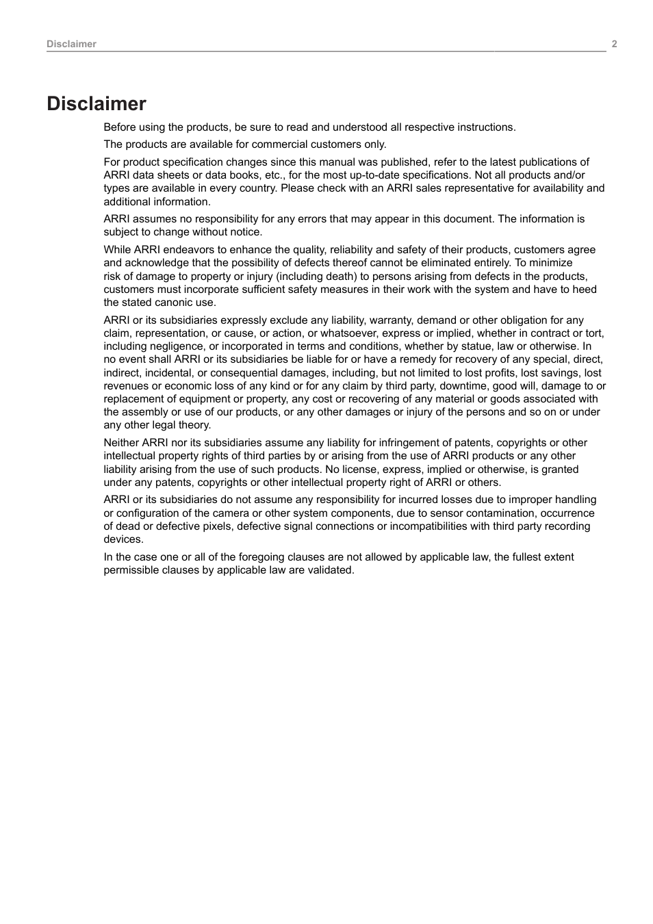 Disclaimer | ARRI ALEXA 35 Body & PL Mount Set (LBUS) User Manual | Page 2 / 122
