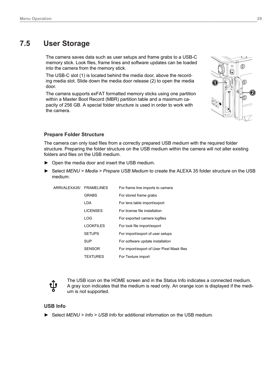 5 user storage, User storage | ARRI ALEXA 35 Body & PL Mount Set (LBUS) User Manual | Page 29 / 122
