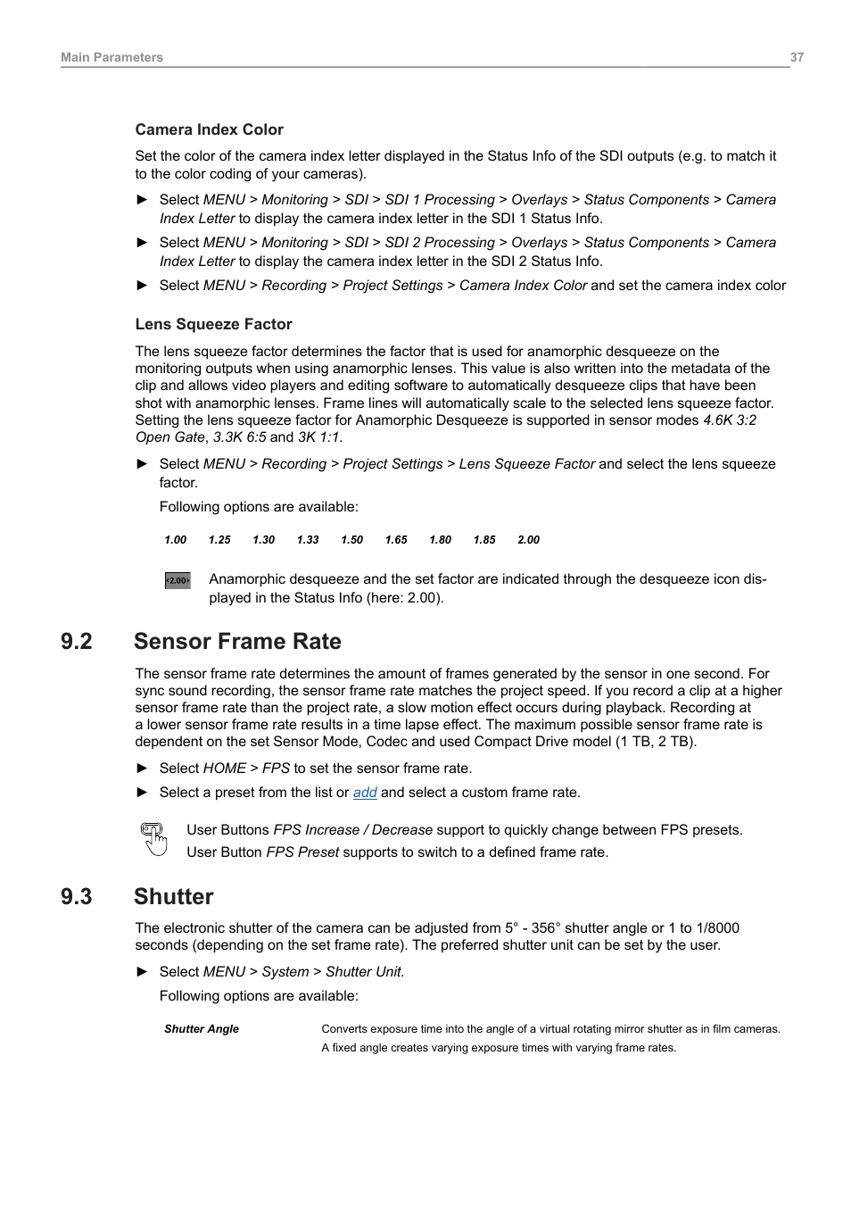 2 sensor frame rate, 3 shutter, Sensor frame rate | Shutter | ARRI ALEXA 35 Body & PL Mount Set (LBUS) User Manual | Page 37 / 122