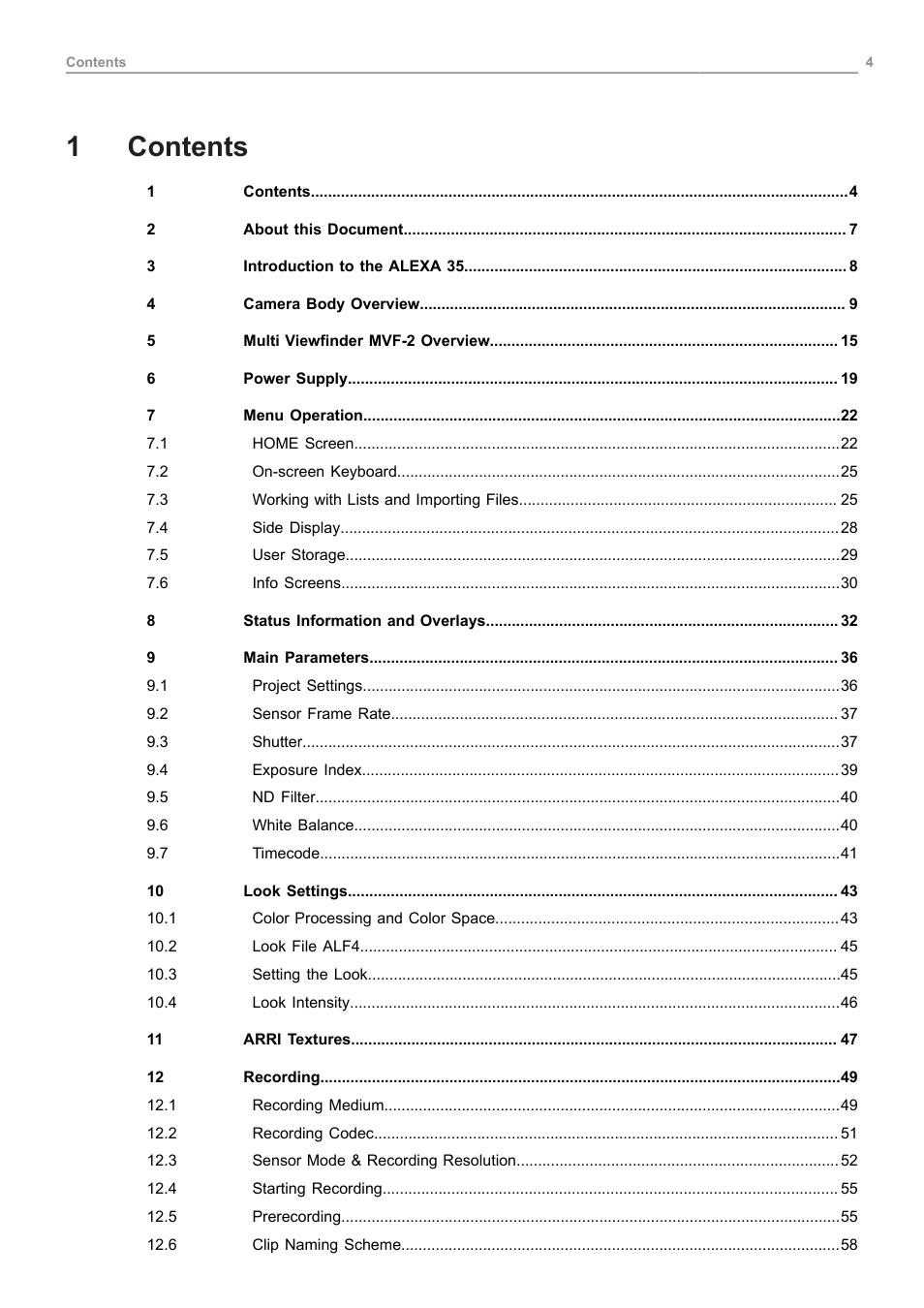 1 contents, 1contents | ARRI ALEXA 35 Body & PL Mount Set (LBUS) User Manual | Page 4 / 122