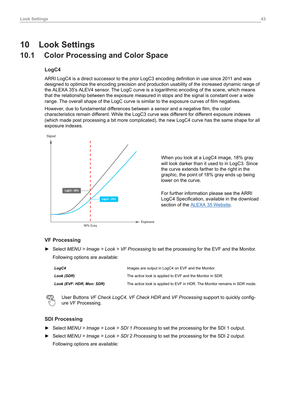 10 look settings, 1 color processing and color space, Look settings | Color processing and color space | ARRI ALEXA 35 Body & PL Mount Set (LBUS) User Manual | Page 43 / 122