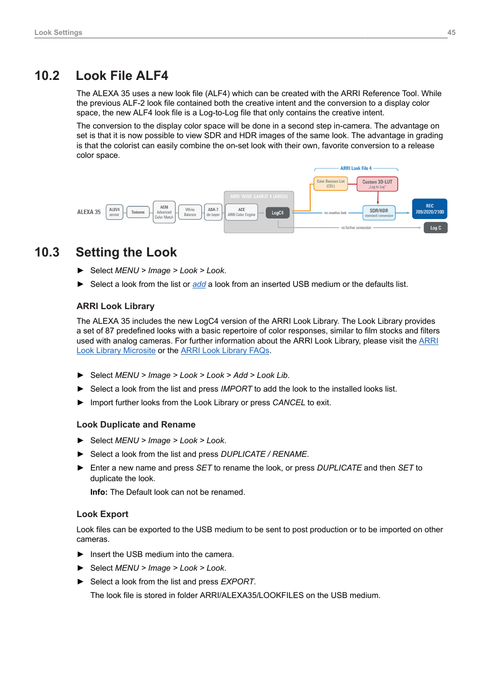 2 look file alf4, 3 setting the look, Look file alf4 | Setting the look | ARRI ALEXA 35 Body & PL Mount Set (LBUS) User Manual | Page 45 / 122