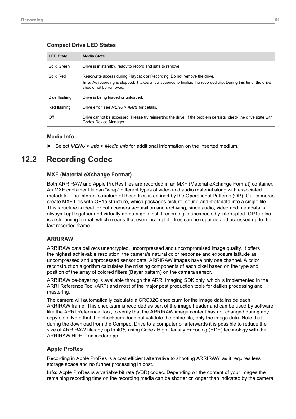 2 recording codec, Recording codec | ARRI ALEXA 35 Body & PL Mount Set (LBUS) User Manual | Page 51 / 122
