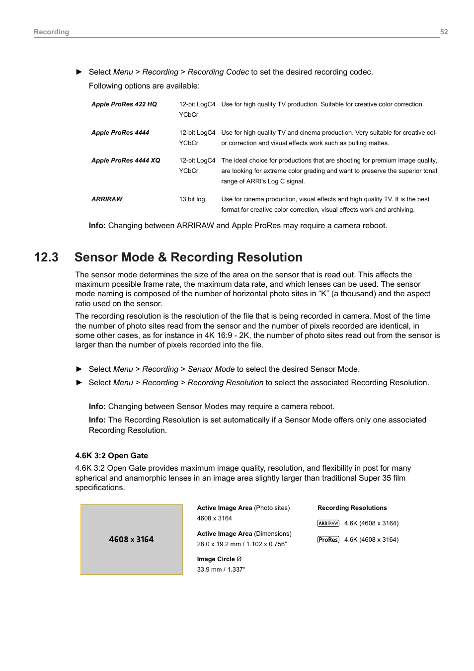 3 sensor mode & recording resolution, Sensor mode & recording resolution | ARRI ALEXA 35 Body & PL Mount Set (LBUS) User Manual | Page 52 / 122