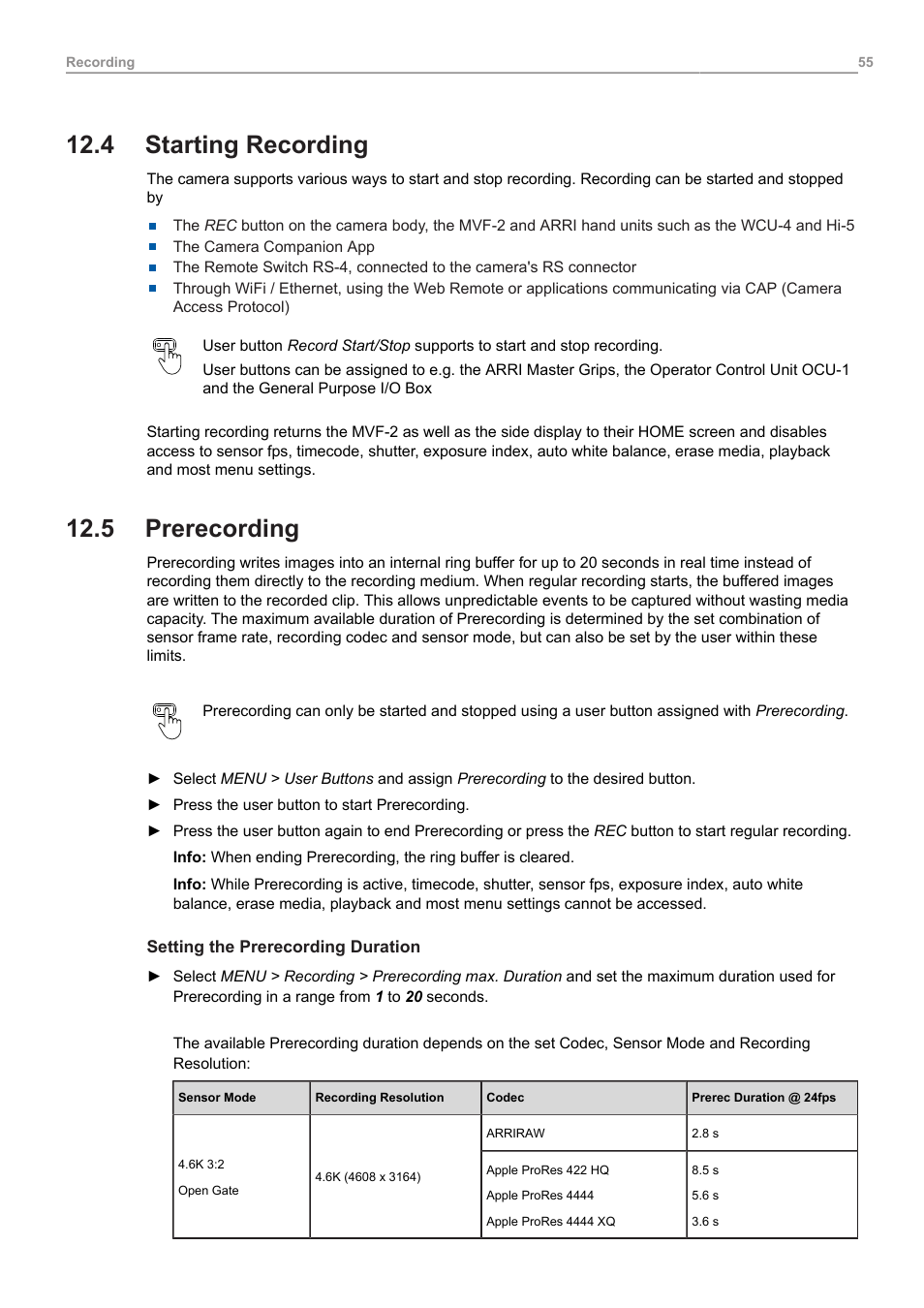 4 starting recording, 5 prerecording, Starting recording | Prerecording | ARRI ALEXA 35 Body & PL Mount Set (LBUS) User Manual | Page 55 / 122