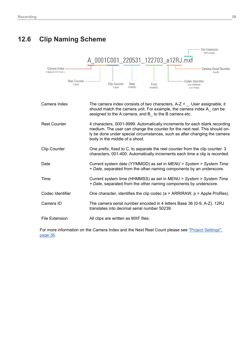 6 clip naming scheme, Clip naming scheme | ARRI ALEXA 35 Body & PL Mount Set (LBUS) User Manual | Page 58 / 122