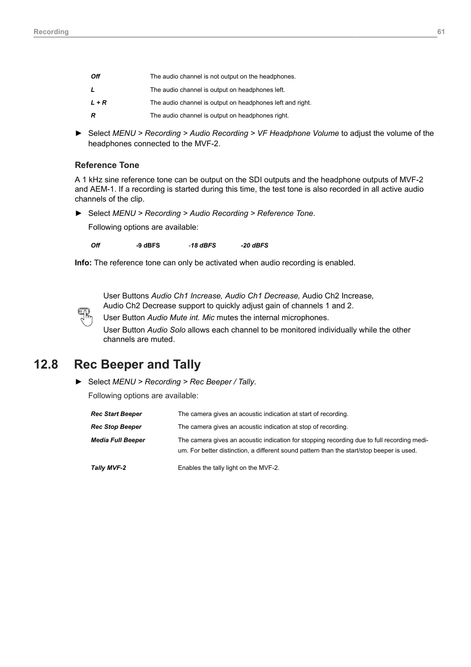 8 rec beeper and tally, Rec beeper and tally | ARRI ALEXA 35 Body & PL Mount Set (LBUS) User Manual | Page 61 / 122
