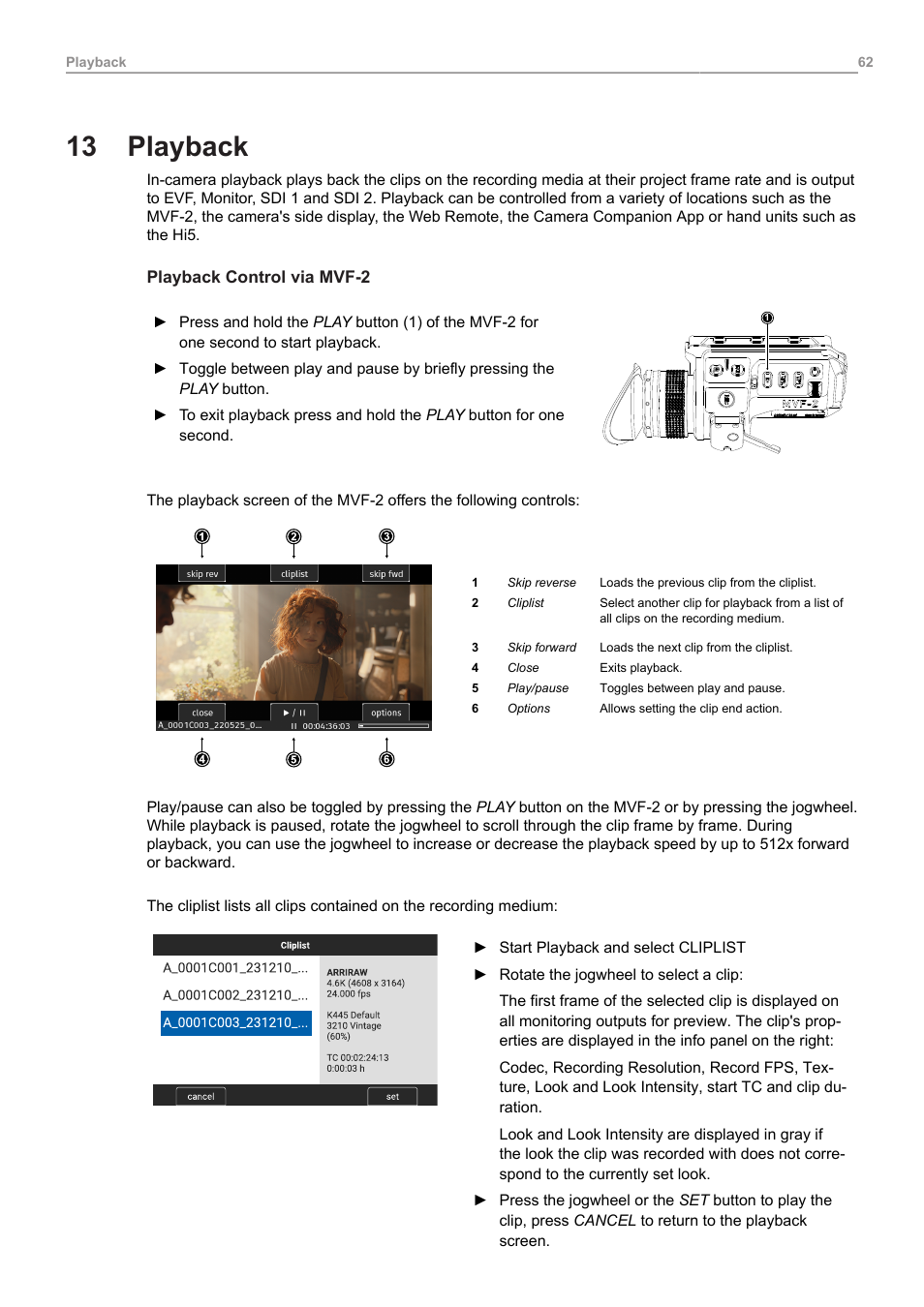 13 playback, Playback | ARRI ALEXA 35 Body & PL Mount Set (LBUS) User Manual | Page 62 / 122