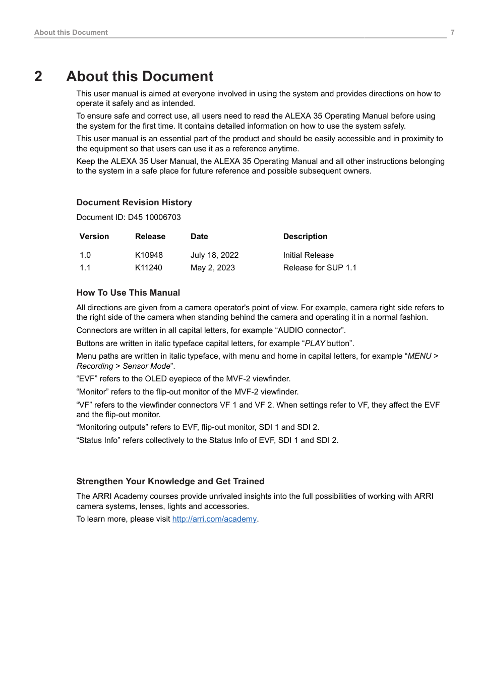 2 about this document, About this document, 2about this document | ARRI ALEXA 35 Body & PL Mount Set (LBUS) User Manual | Page 7 / 122