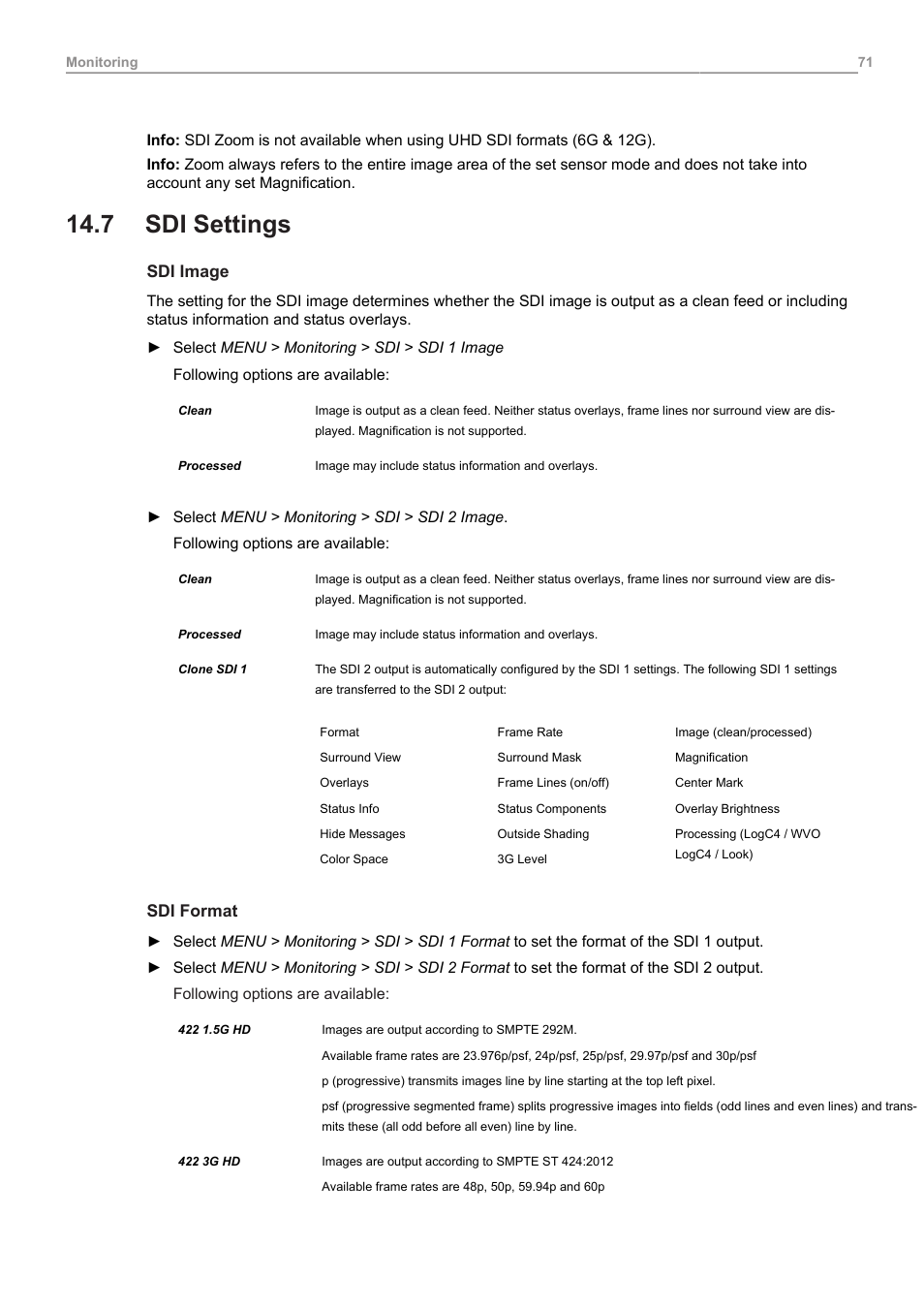 7 sdi settings, Sdi settings | ARRI ALEXA 35 Body & PL Mount Set (LBUS) User Manual | Page 71 / 122