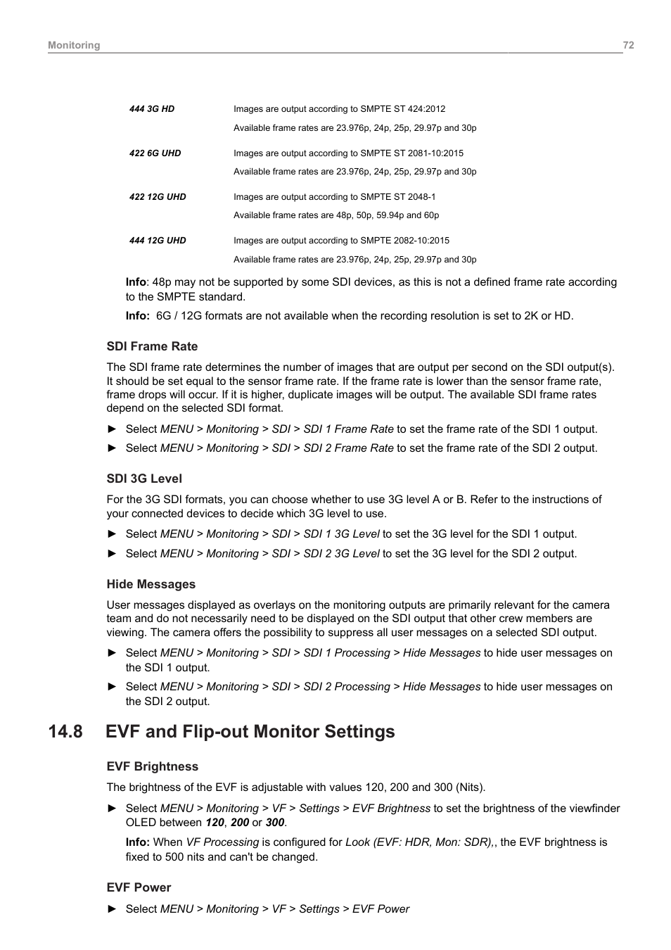 8 evf and flip-out monitor settings, Evf and flip-out monitor settings | ARRI ALEXA 35 Body & PL Mount Set (LBUS) User Manual | Page 72 / 122