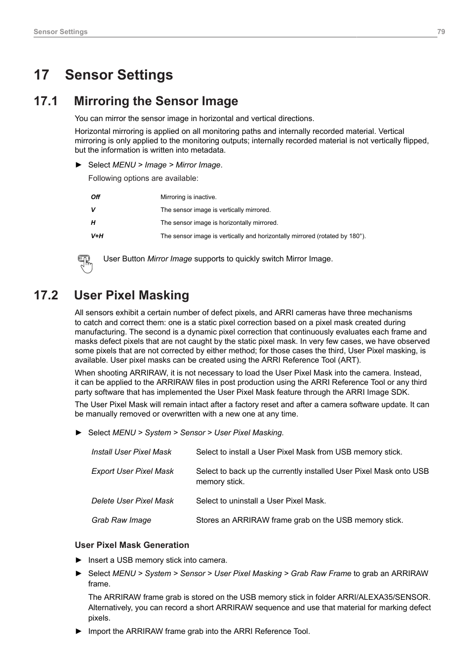 17 sensor settings, 1 mirroring the sensor image, 2 user pixel masking | Sensor settings, Mirroring the sensor image, User pixel masking | ARRI ALEXA 35 Body & PL Mount Set (LBUS) User Manual | Page 79 / 122