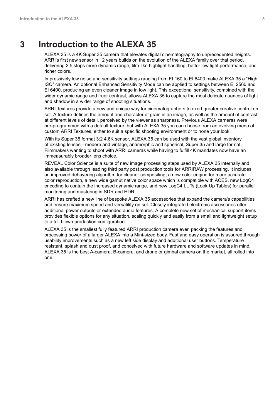 3 introduction to the alexa 35, Introduction to the alexa 35, 3introduction to the alexa 35 | ARRI ALEXA 35 Body & PL Mount Set (LBUS) User Manual | Page 8 / 122