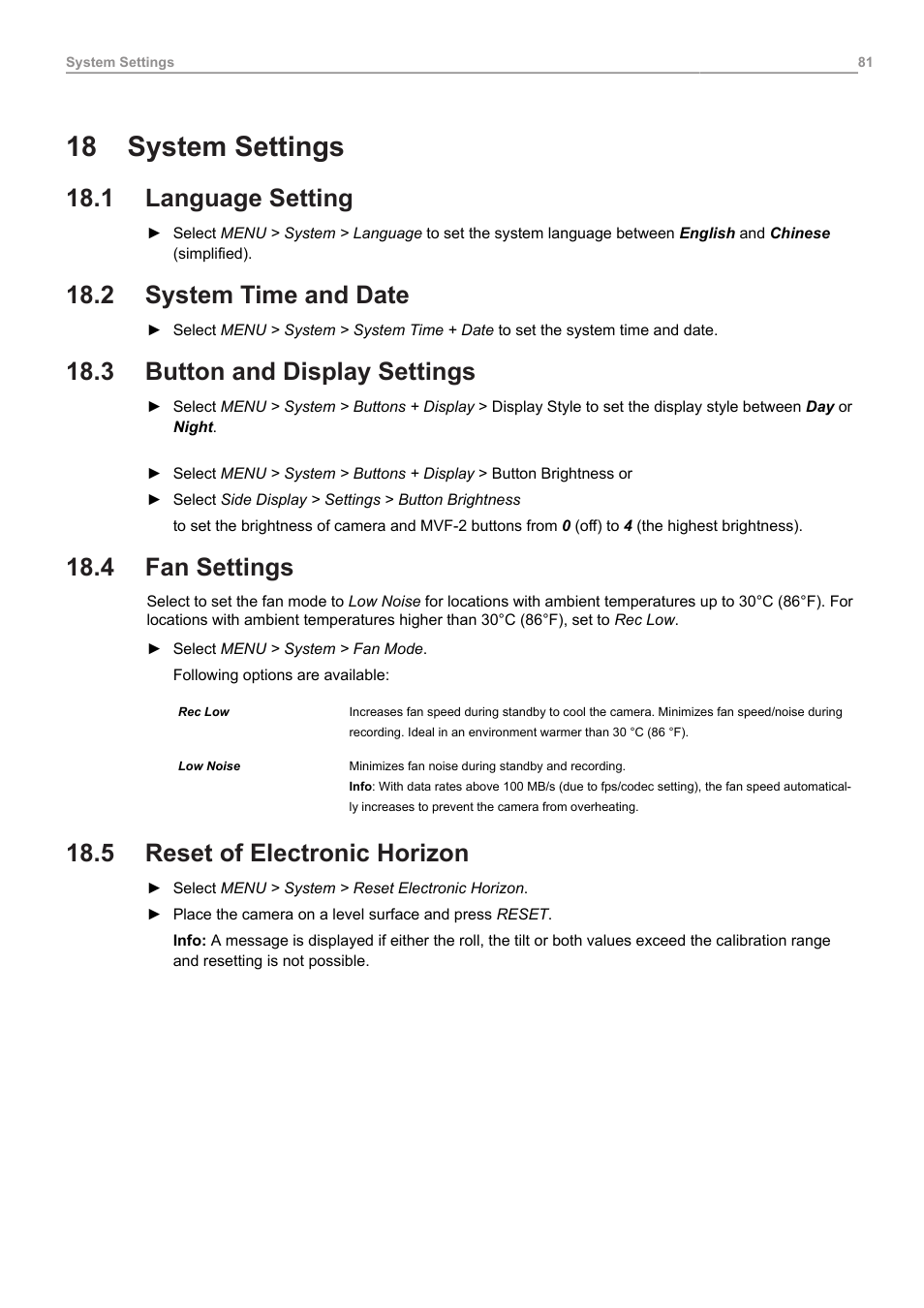 18 system settings, 1 language setting, 2 system time and date | 3 button and display settings, 4 fan settings, 5 reset of electronic horizon, System settings, Language setting, System time and date, Button and display settings | ARRI ALEXA 35 Body & PL Mount Set (LBUS) User Manual | Page 81 / 122
