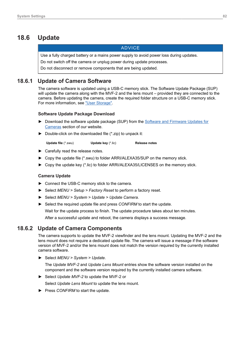 6 update, 1 update of camera software, 2 update of camera components | Update, Update of camera software, Update of camera components | ARRI ALEXA 35 Body & PL Mount Set (LBUS) User Manual | Page 82 / 122