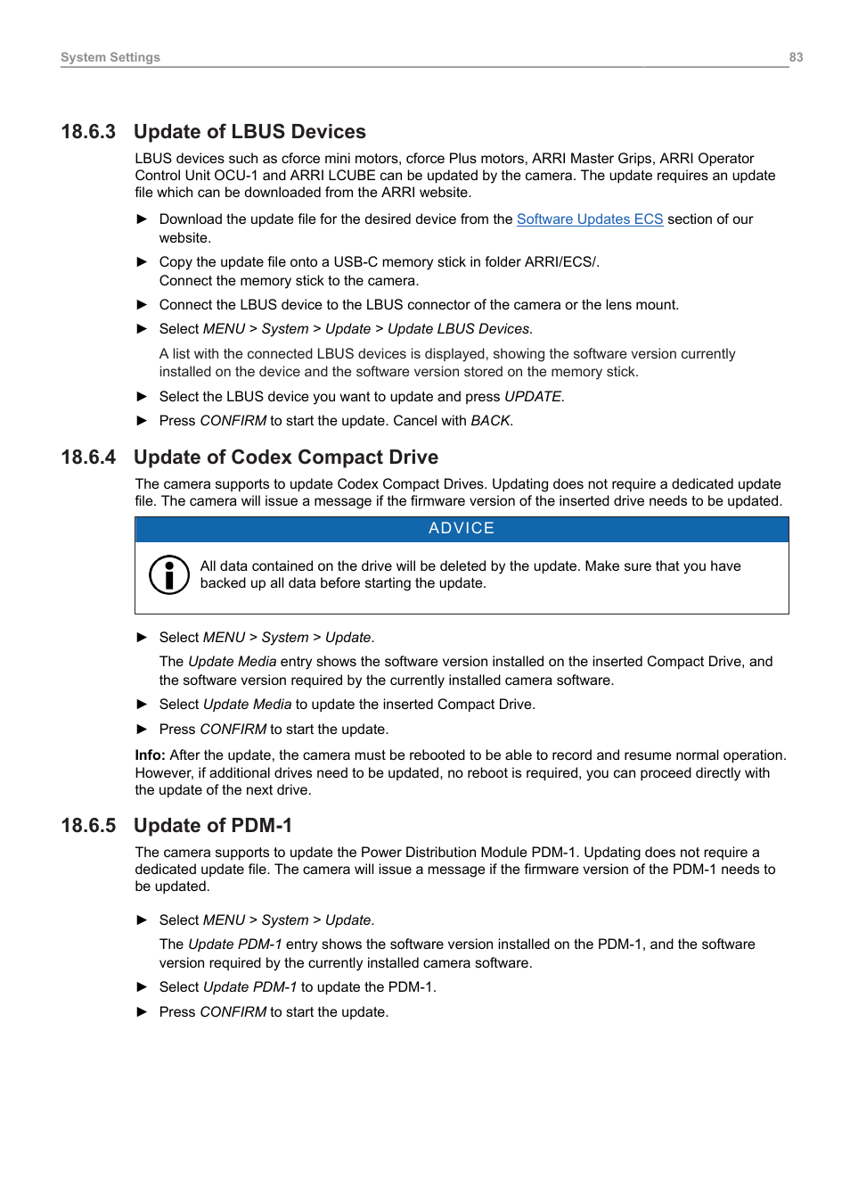 3 update of lbus devices, 4 update of codex compact drive, 5 update of pdm-1 | Update of lbus devices, Update of codex compact drive, Update of pdm-1 | ARRI ALEXA 35 Body & PL Mount Set (LBUS) User Manual | Page 83 / 122