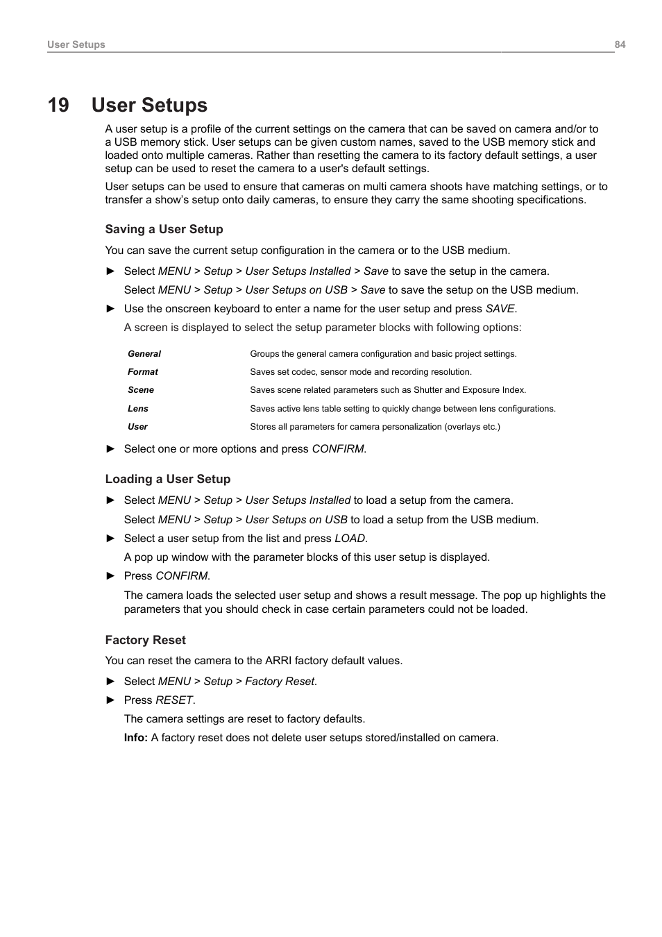 19 user setups, User setups | ARRI ALEXA 35 Body & PL Mount Set (LBUS) User Manual | Page 84 / 122
