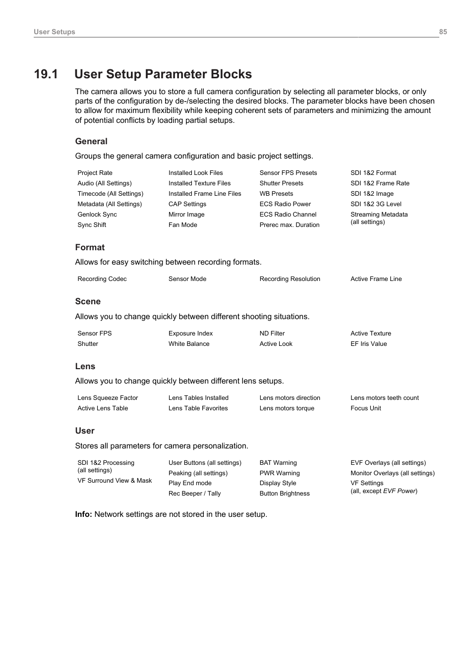 1 user setup parameter blocks, User setup parameter blocks | ARRI ALEXA 35 Body & PL Mount Set (LBUS) User Manual | Page 85 / 122
