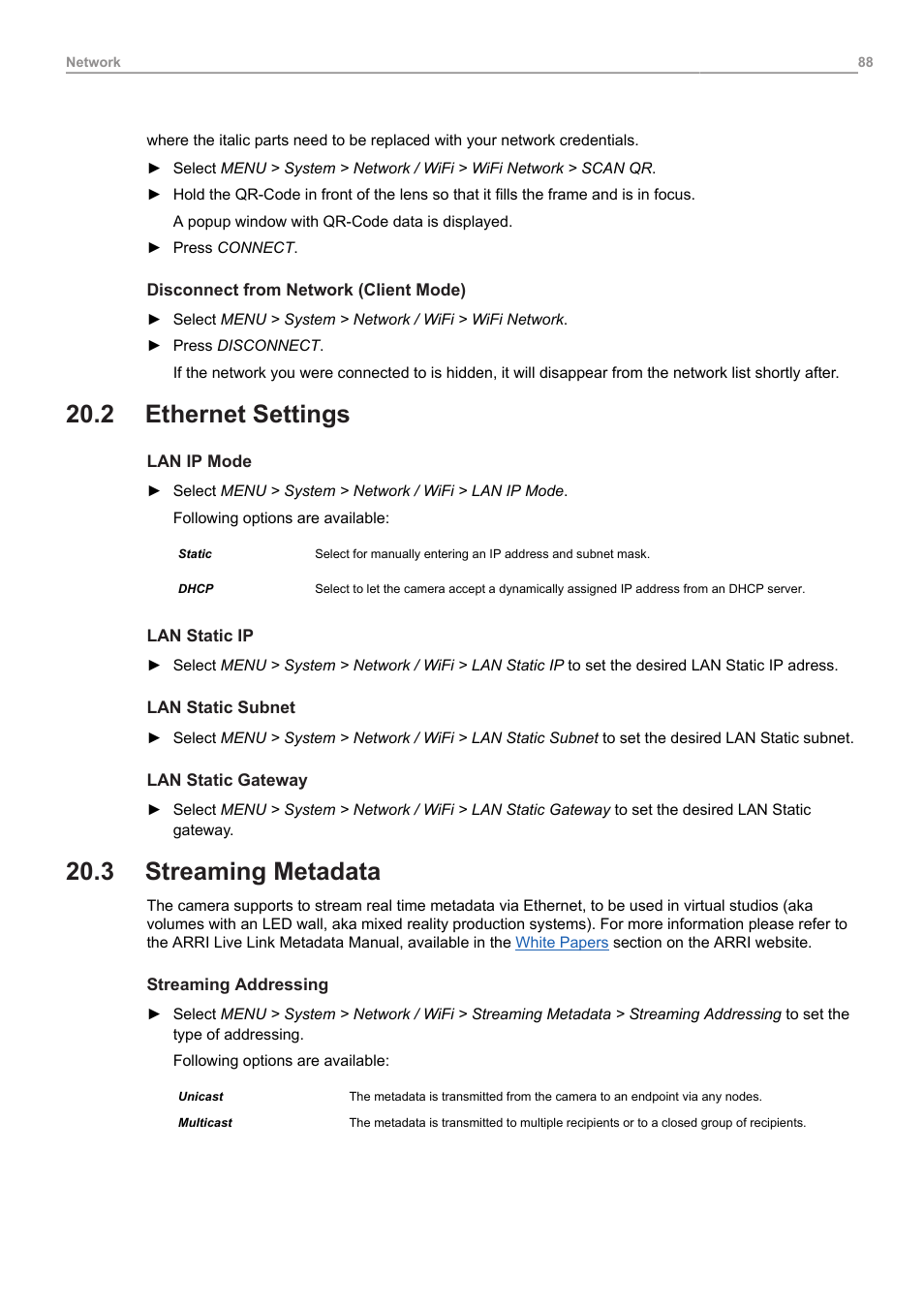 2 ethernet settings, 3 streaming metadata, Ethernet settings | Streaming metadata | ARRI ALEXA 35 Body & PL Mount Set (LBUS) User Manual | Page 88 / 122