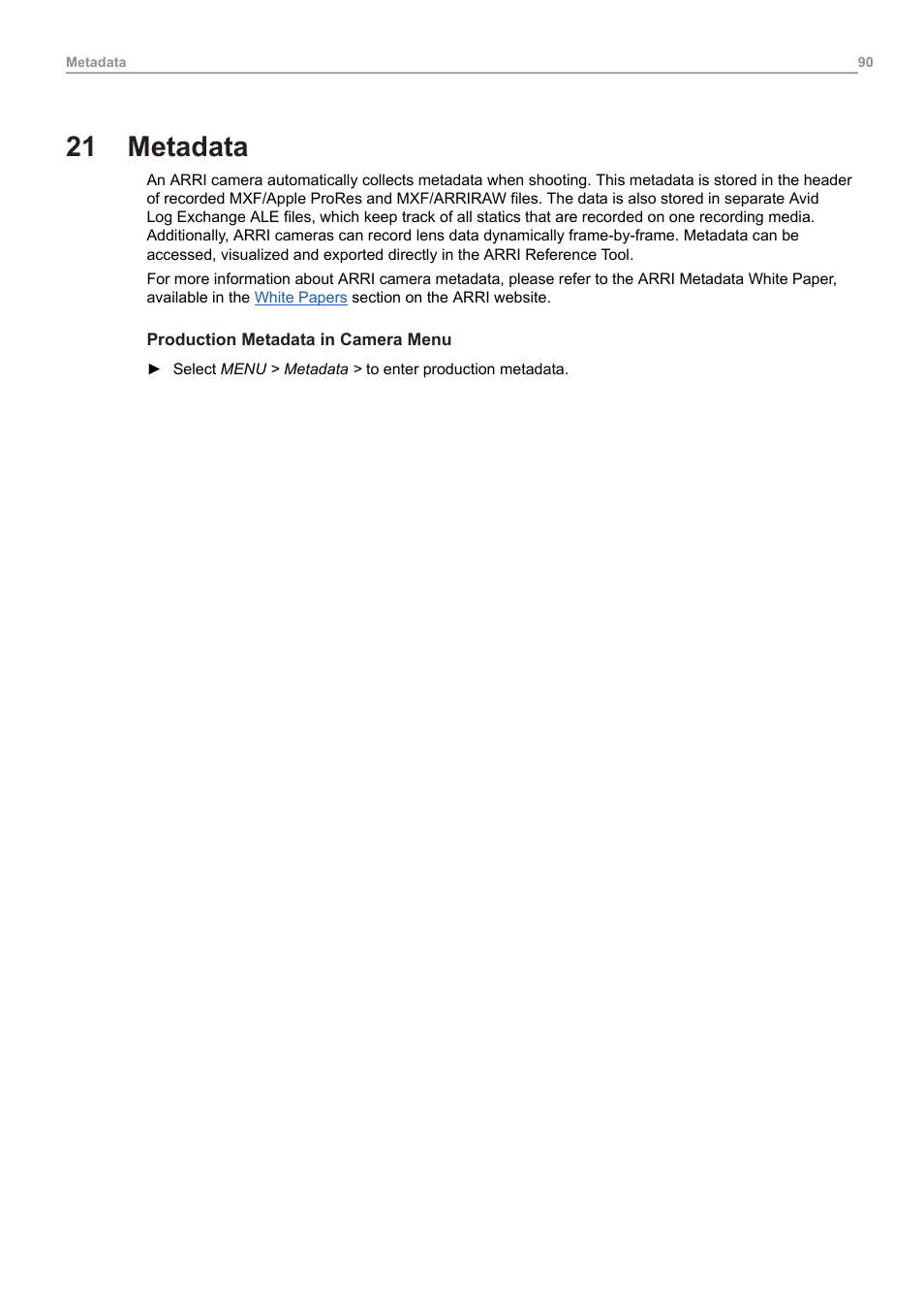 21 metadata, Metadata | ARRI ALEXA 35 Body & PL Mount Set (LBUS) User Manual | Page 90 / 122