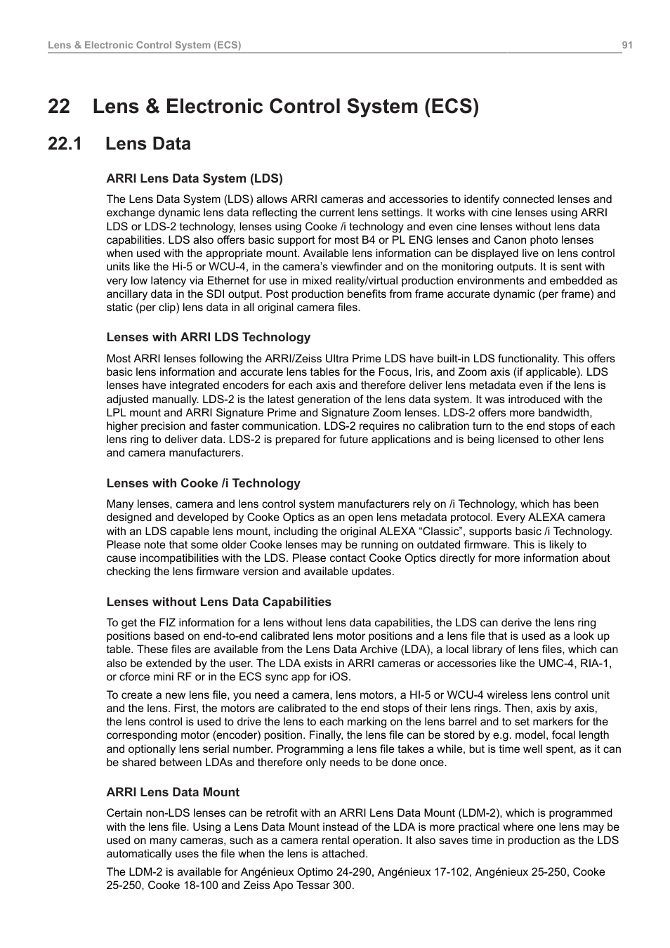 22 lens & electronic control system (ecs), 1 lens data, Lens & electronic control system (ecs) | Lens data | ARRI ALEXA 35 Body & PL Mount Set (LBUS) User Manual | Page 91 / 122