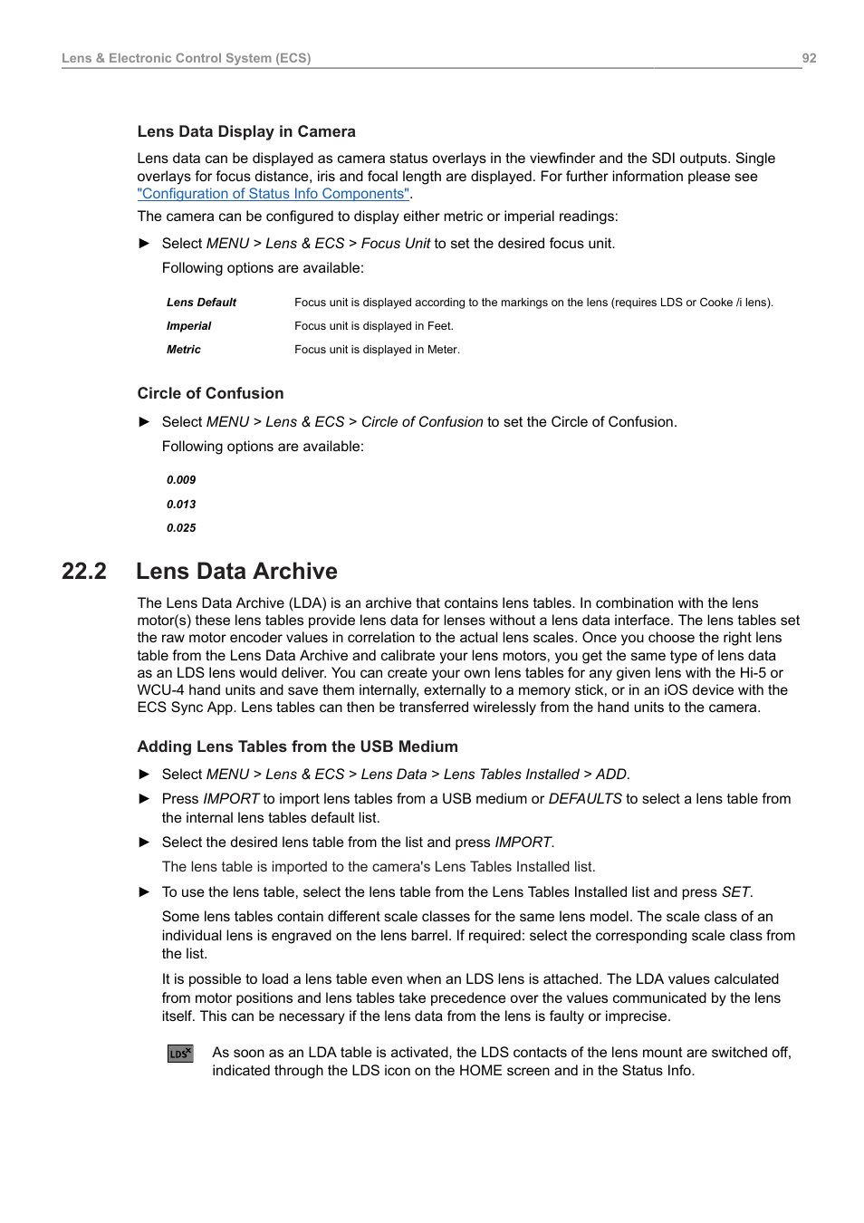 2 lens data archive, Lens data archive | ARRI ALEXA 35 Body & PL Mount Set (LBUS) User Manual | Page 92 / 122