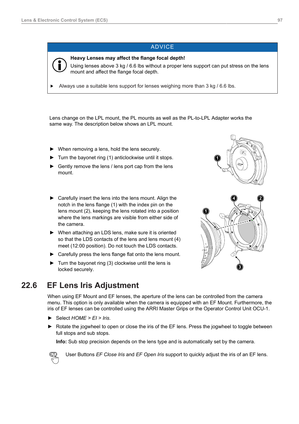 6 ef lens iris adjustment, Ef lens iris adjustment | ARRI ALEXA 35 Body & PL Mount Set (LBUS) User Manual | Page 97 / 122