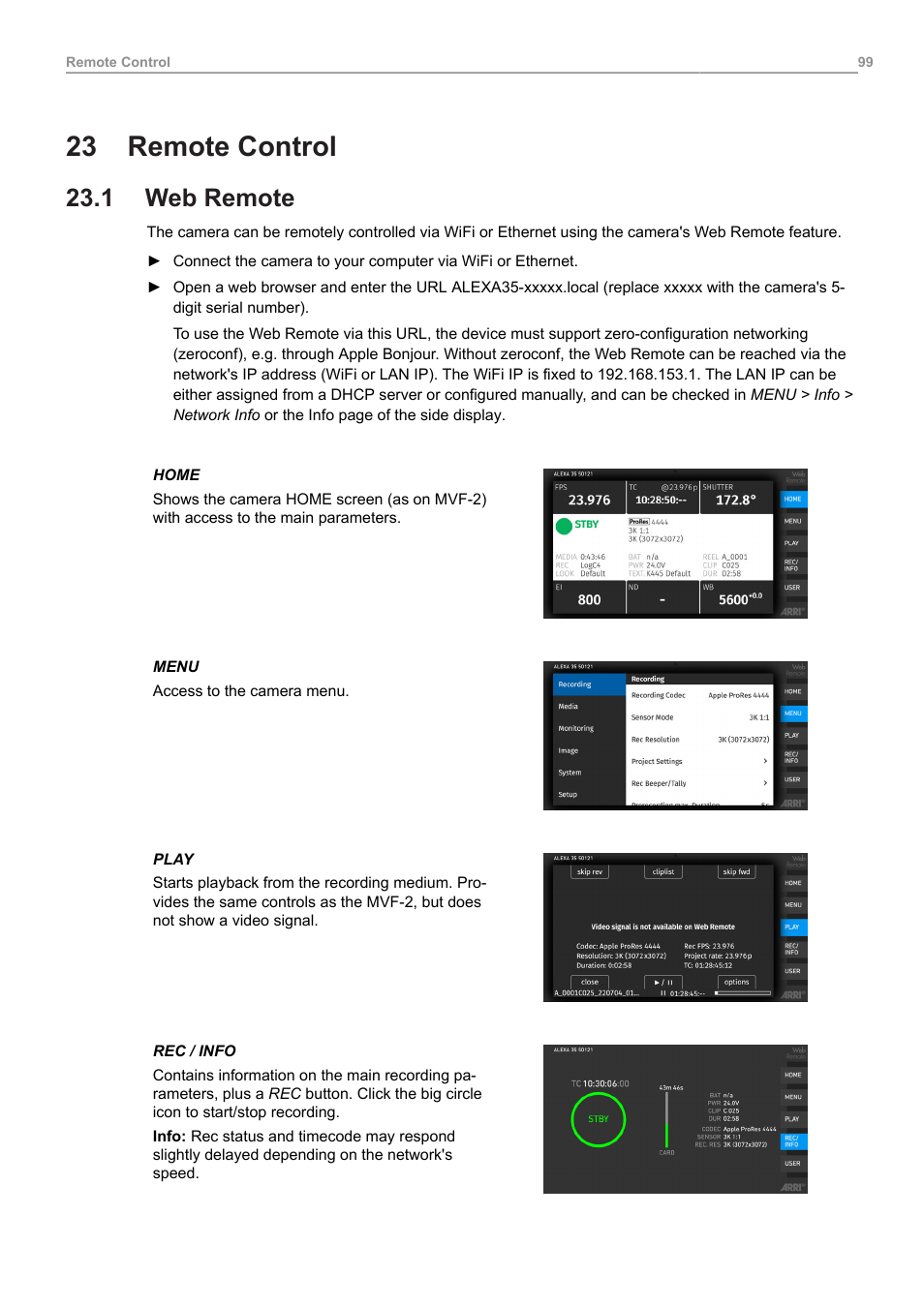 23 remote control, 1 web remote, Remote control | Web remote | ARRI ALEXA 35 Body & PL Mount Set (LBUS) User Manual | Page 99 / 122