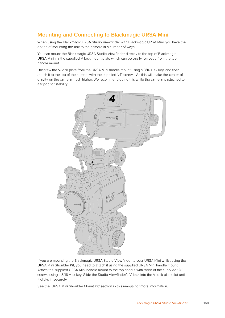 Mounting and connecting to blackmagic ursa mini | Blackmagic Design URSA Mini Pro 12K (PL) User Manual | Page 160 / 294