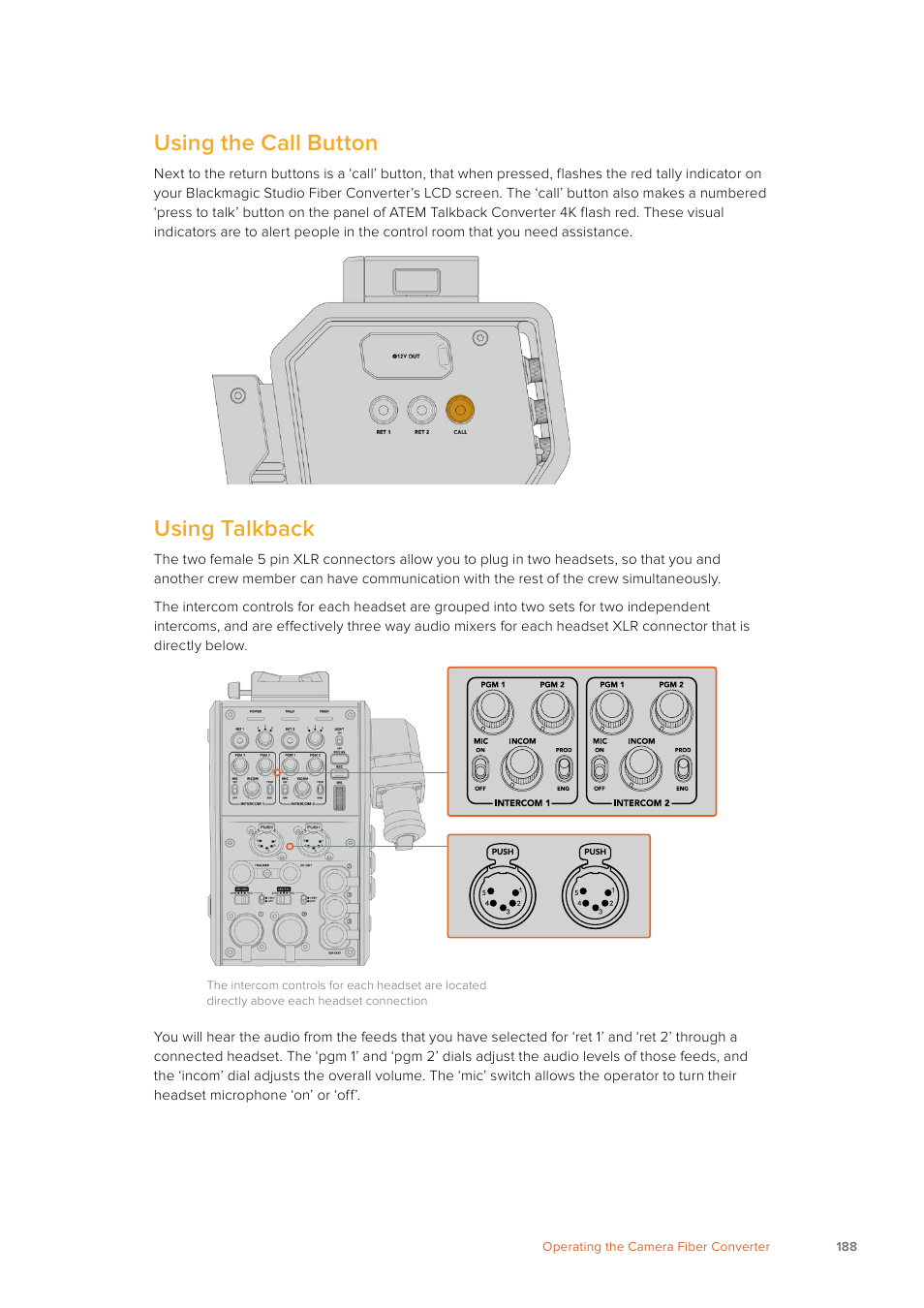 Using the call button, Using talkback | Blackmagic Design URSA Mini Pro 12K (PL) User Manual | Page 188 / 294