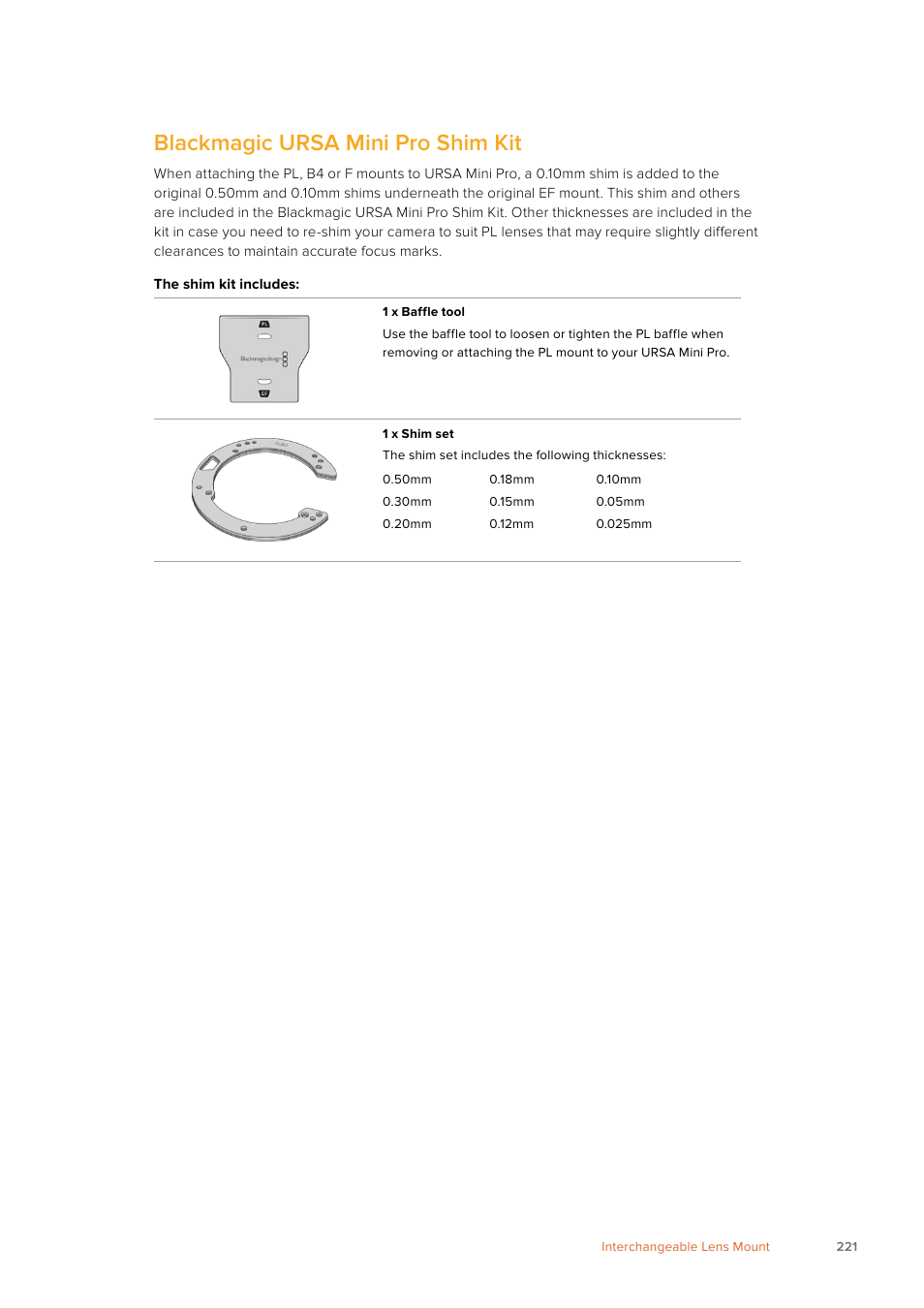 Blackmagic ursa mini pro shim kit | Blackmagic Design URSA Mini Pro 12K (PL) User Manual | Page 221 / 294