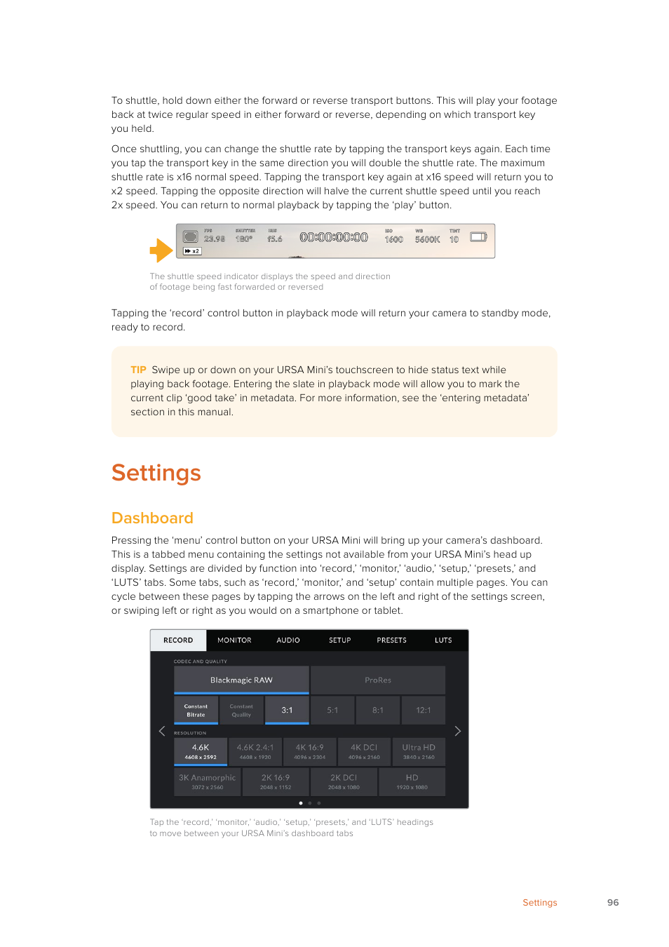Settings, Dashboard | Blackmagic Design URSA Mini Pro 12K (PL) User Manual | Page 96 / 294