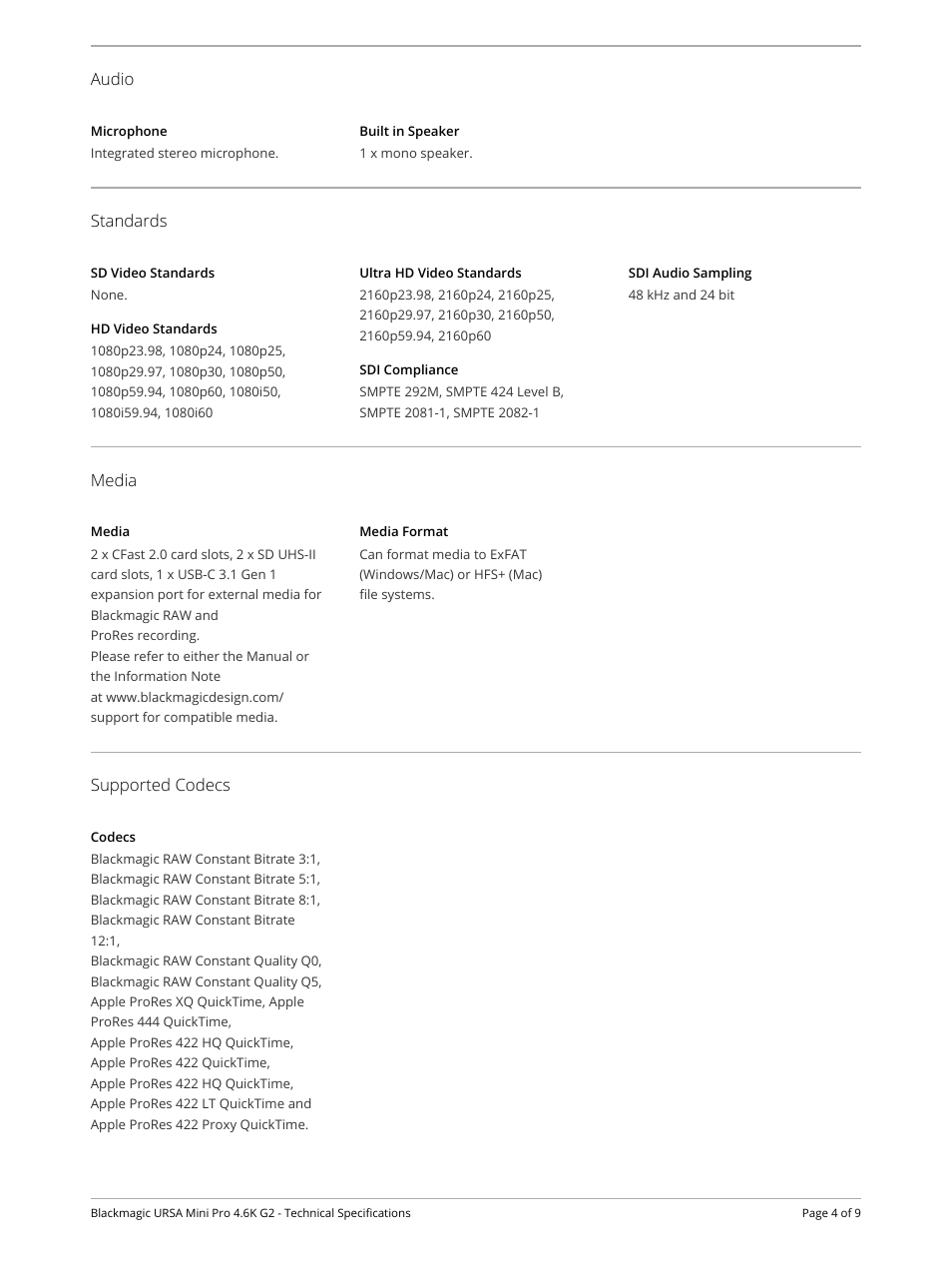 Audio, Microphone, Built in speaker | Standards, Sd video standards, Hd video standards, Ultra hd video standards, Sdi compliance, Sdi audio sampling, Media | Blackmagic Design URSA Mini Pro 4.6K G2 Digital Cinema Camera User Manual | Page 4 / 9