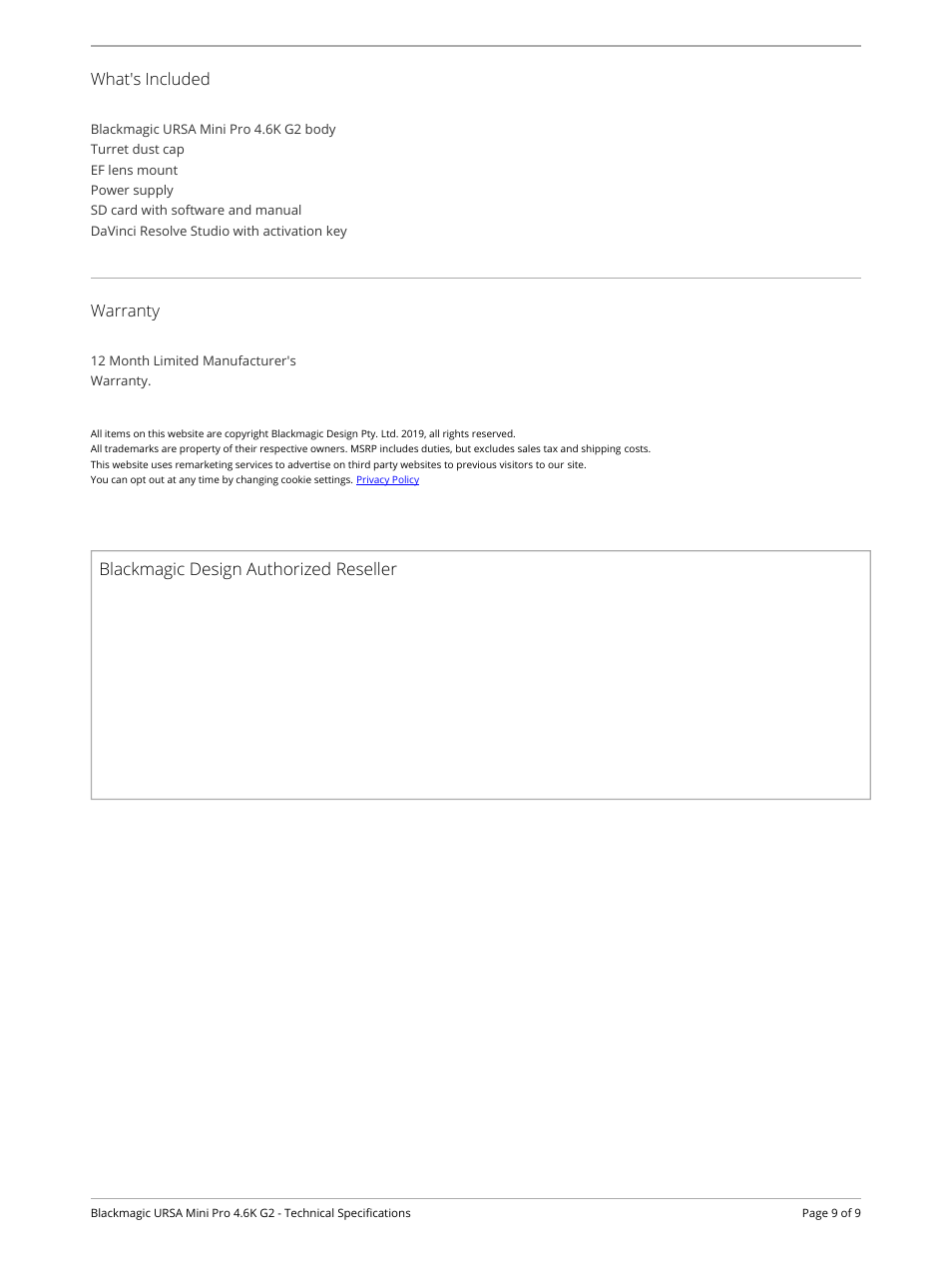 What's included, Warranty, Blackmagic design authorized reseller | Blackmagic Design URSA Mini Pro 4.6K G2 Digital Cinema Camera User Manual | Page 9 / 9