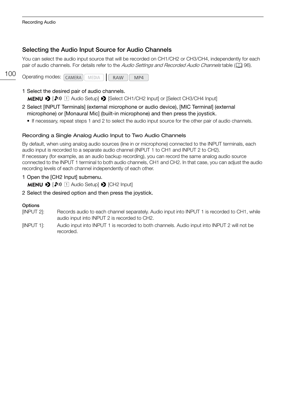 Selecting the audio input source for audio, Channels 100 | Canon EOS C200 EF Cinema Camera and 24-105mm Lens Kit User Manual | Page 100 / 220
