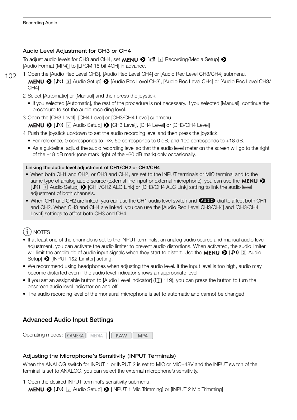 Advanced audio input settings, Advanced audio input settings 102 | Canon EOS C200 EF Cinema Camera and 24-105mm Lens Kit User Manual | Page 102 / 220