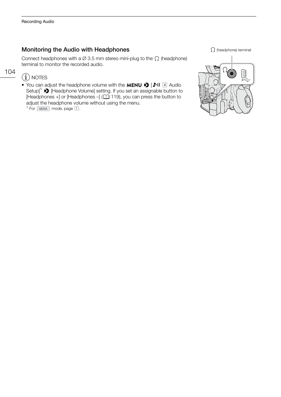 Monitoring the audio with headphones, Monitoring the audio with headphones 104 | Canon EOS C200 EF Cinema Camera and 24-105mm Lens Kit User Manual | Page 104 / 220
